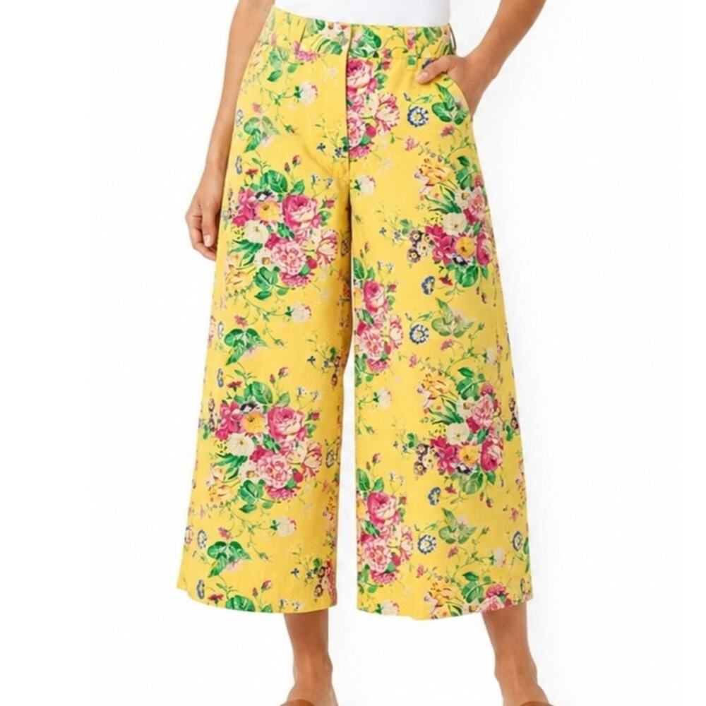 Lauren Ralph Lauren Y2K Vintage Yellow Cabbage Rose Crop Wide Leg Cotton Pants 8